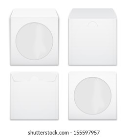 White stationery: blank compact disc envelope with window, on white background with soft shadows. Ready for your design. Vector illustration.