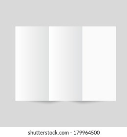 White stationery: blank trifold paper brochure on gray background. 