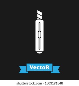 White Stationery knife icon isolated on black background. Office paper cutter.  Vector Illustration