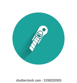 White Stationery knife icon isolated with long shadow. Office paper cutter. Green circle button. Vector Illustration