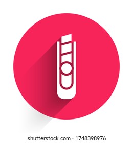 White Stationery knife icon isolated with long shadow. Office paper cutter. Red circle button. Vector Illustration