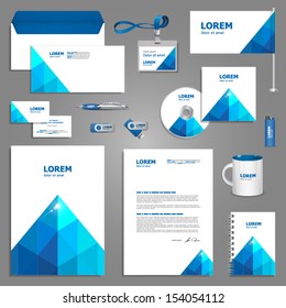 White stationery template design with blue pyramid. Documentation for business.