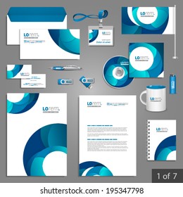 White stationery template design with blue round elements. Documentation for business.