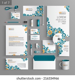 White stationery template design with blue cogwheels and details of mechanism. Documentation for business.