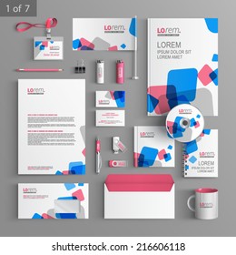 White stationery template design with blue and red square elements. Documentation for business.