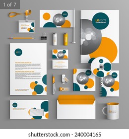 White stationery template design with blue and yellow round elements. Documentation for business.