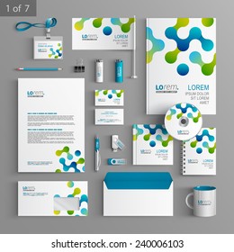 White stationery template design with blue and green geometric pattern. Documentation for business.