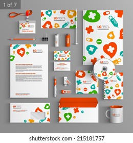 White stationery template design with color medical elements. Documentation for business.