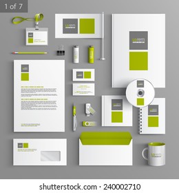 White stationery template design with green and gray square elements. Documentation for business.