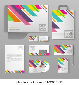 White stationery template design with multicolored lines. Set of business corporate identity mock up. Documentation for business.