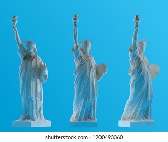 White Statue of Liberty on Blue Background Set, New York landmark, American symbol Vector 3D Rendering