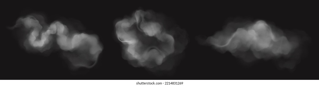 White steam, fog or smoke clouds. Flows and splash of dust, mist or powder. Flowing vapour streams isolated on black background, vector realistic illustration