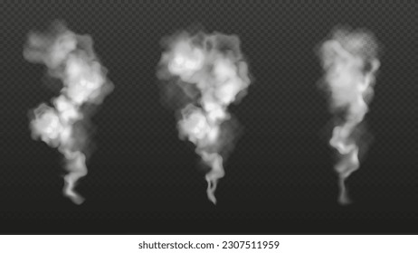 White steam, fog or smoke clouds. Flows and splash of dust. Flowing vapour streams isolated on black background, vector realistic illustration