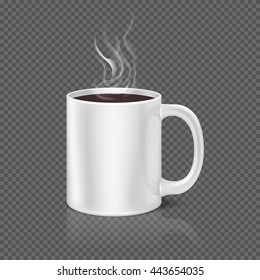 White steam over coffee or tea cup on dark plaid background. Beverage coffee in ceramic cup, morning mug of coffee. Vector illustration