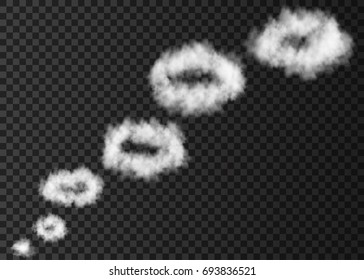 White  steam rings   isolated on transparent background.  Puff  of  smoke  from  smoking pipe special effect.  Realistic  vector rising circles of  fog or mist texture .
