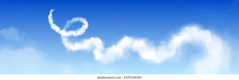 Trayecto de vapor blanco desde el avión o cohete sobre el cielo azul claro. Ilustración vectorial realista de la cola de humo curva. Contraste de condensación del vuelo de velocidad del avión. Paisaje panorámico con pista de gas de movimiento giratorio