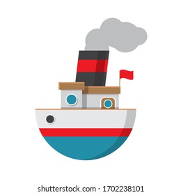 white steamer with a blue stripe and a black pipe