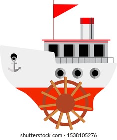 white steamer with pipe, anchor and paddle wheel isolated cartoon
