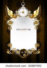 White steampunk banner with silver jewelry watches, gold wings, gold and brass gears on dark, brown, striped background. 