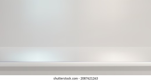 White steel countertop, empty shelf. Vector realistic mockup of table top, kitchen counter on light background with spot light. Bar desk surface in foreground