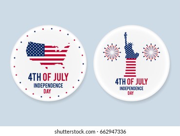 White steel patriotic pin badges set. 4th of july. Independence Day of America. Realistic vector mockup