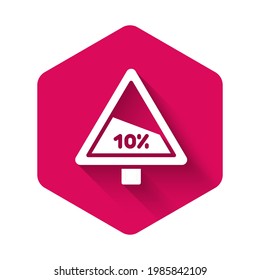 White Steep ascent and steep descent warning road icon isolated with long shadow background. Traffic rules and safe driving. Pink hexagon button. Vector