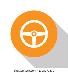 White Steering wheel icon isolated on white background. Car wheel icon. Orange circle button. Flat design. Vector Illustration