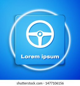 White Steering wheel icon isolated on blue background. Car wheel icon. Blue square button. Vector Illustration