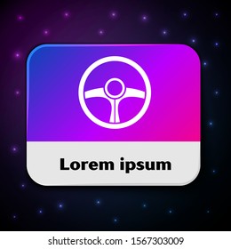 White Steering wheel icon isolated on black background. Car wheel icon. Rectangle color button. Vector Illustration