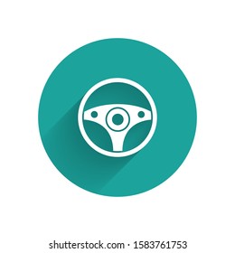 White Steering wheel icon isolated with long shadow background. Car wheel icon. Green circle button. Vector Illustration