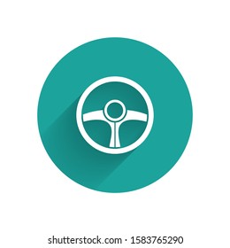 White Steering wheel icon isolated with long shadow. Car wheel icon. Green circle button. Vector Illustration
