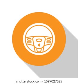 White Steering wheel icon isolated on white background. Car wheel icon. Orange circle button. Vector Illustration