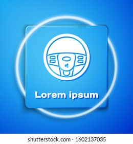 White Steering wheel icon isolated on blue background. Car wheel icon. Blue square button. Vector Illustration