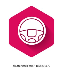 White Steering wheel icon isolated with long shadow. Car wheel icon. Pink hexagon button. Vector Illustration