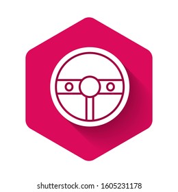 White Steering wheel icon isolated with long shadow. Car wheel icon. Pink hexagon button. Vector Illustration