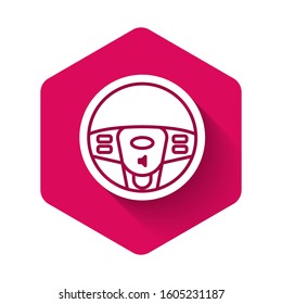 White Steering wheel icon isolated with long shadow. Car wheel icon. Pink hexagon button. Vector Illustration