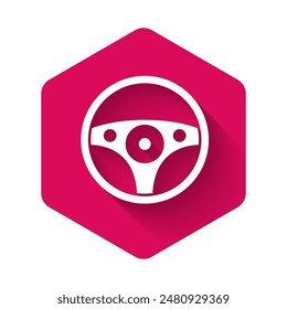 Icono de volante blanco aislado con fondo de sombra larga. Icono de rueda de coche. Botón hexagonal rosa. Vector