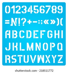 White Stencil Letters And Numbers On Blue Background, Alphabet