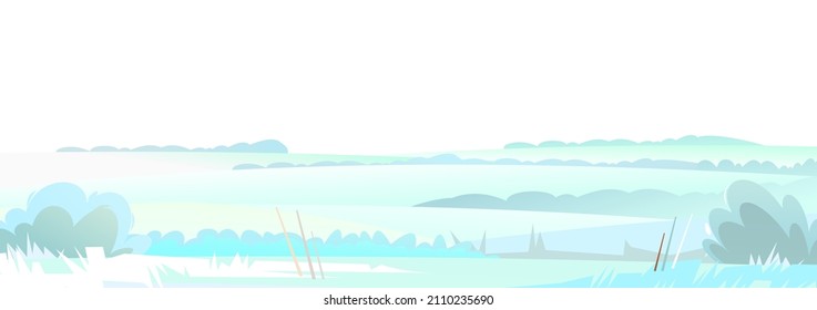 White steppe. Winter rural landscape with cold snow and drifts. Beautiful frosty view of countryside hilly plain. Flat design cartoon style. Isolated on white background. Vector.