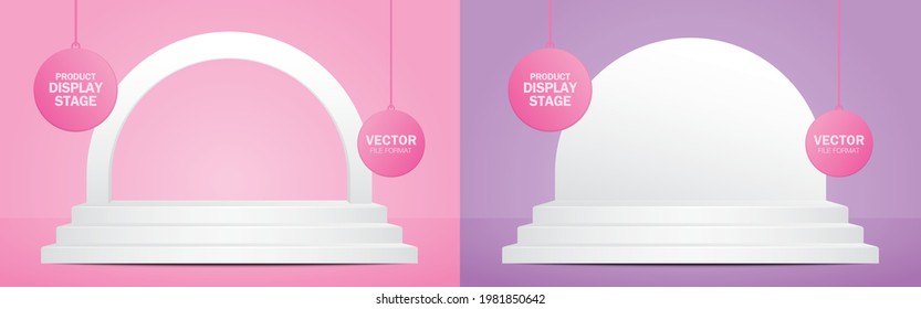 White steps with semicircle arch backdrop 3d illustration vector on sweet pastel background for putting your object