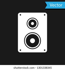 White Stereo speaker icon isolated on black background. Sound system speakers. Music icon. Musical column speaker bass equipment. Vector Illustration