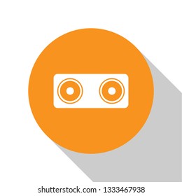 White Stereo speaker icon isolated on white background. Sound system speakers. Music icon. Musical column speaker bass equipment. Orange circle button. Flat design. Vector Illustration