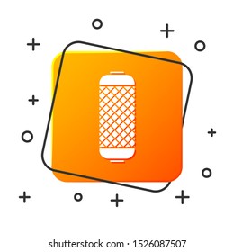 White Stereo speaker icon isolated on white background. Sound system speakers. Music icon. Musical column speaker bass equipment. Orange square button. Vector Illustration