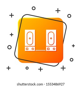 White Stereo speaker icon isolated on white background. Sound system speakers. Music icon. Musical column speaker bass equipment. Orange square button. Vector Illustration