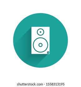 White Stereo speaker icon isolated with long shadow. Sound system speakers. Music icon. Musical column speaker bass equipment. Green circle button. Vector Illustration
