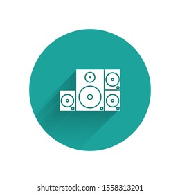 White Stereo speaker icon isolated with long shadow. Sound system speakers. Music icon. Musical column speaker bass equipment. Green circle button. Vector Illustration