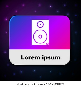 White Stereo speaker icon isolated on black background. Sound system speakers. Music icon. Musical column speaker bass equipment. Rectangle color button. Vector Illustration