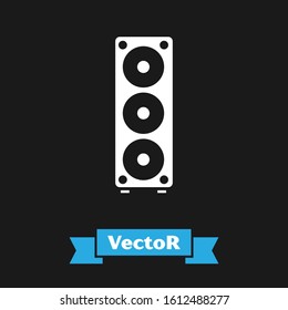 White Stereo speaker icon isolated on black background. Sound system speakers. Music icon. Musical column speaker bass equipment.  Vector Illustration