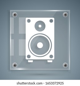 White Stereo speaker icon isolated on grey background. Sound system speakers. Music icon. Musical column speaker bass equipment. Square glass panels. Vector Illustration