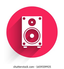 White Stereo speaker icon isolated with long shadow. Sound system speakers. Music icon. Musical column speaker bass equipment. Red circle button. Vector Illustration